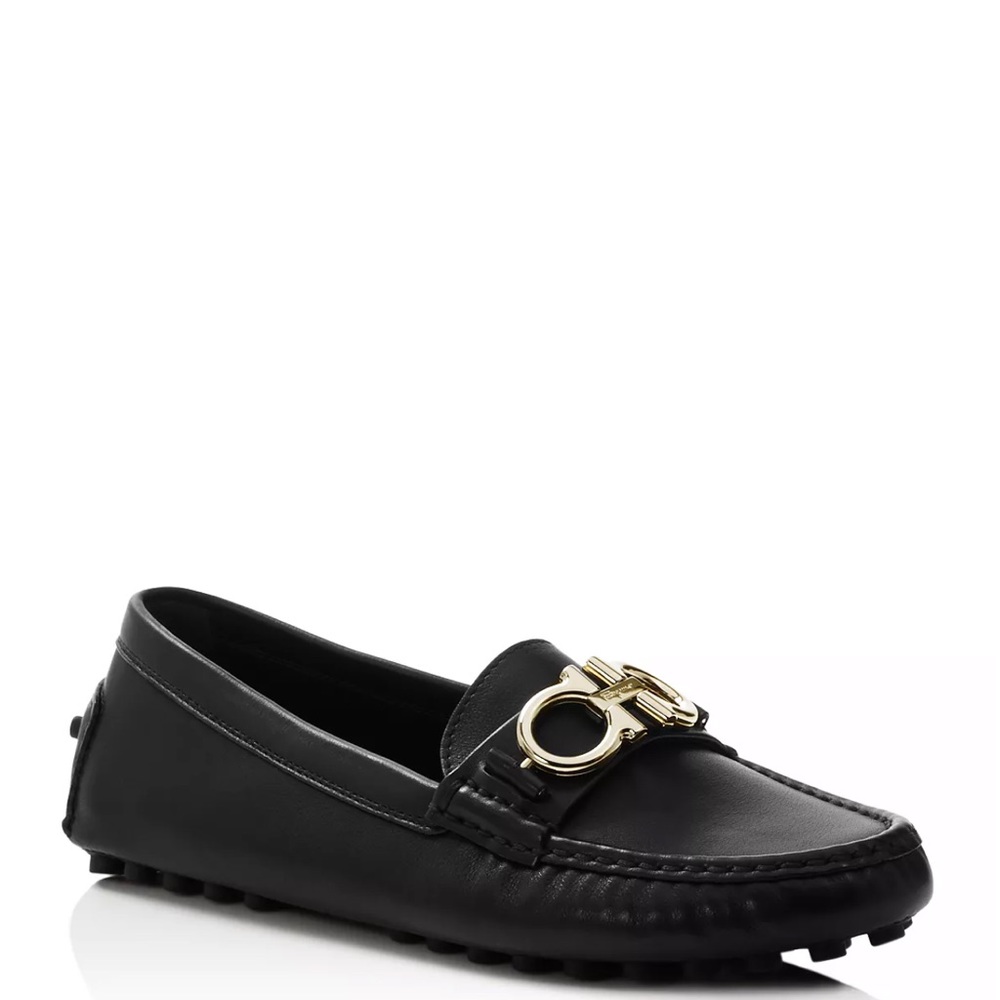 Salvatore Ferragamo Berra Gancini Drivers- Black and Gold Horsebit Loafers- 7